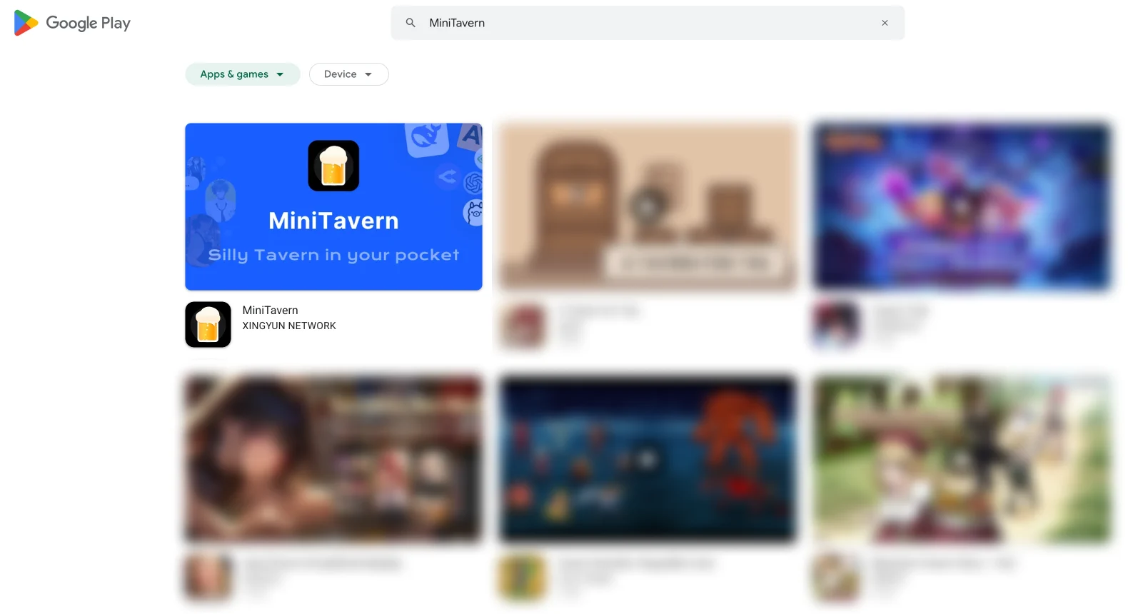 Play Store in-app search for “MiniTavern” with this app ranked first (example)