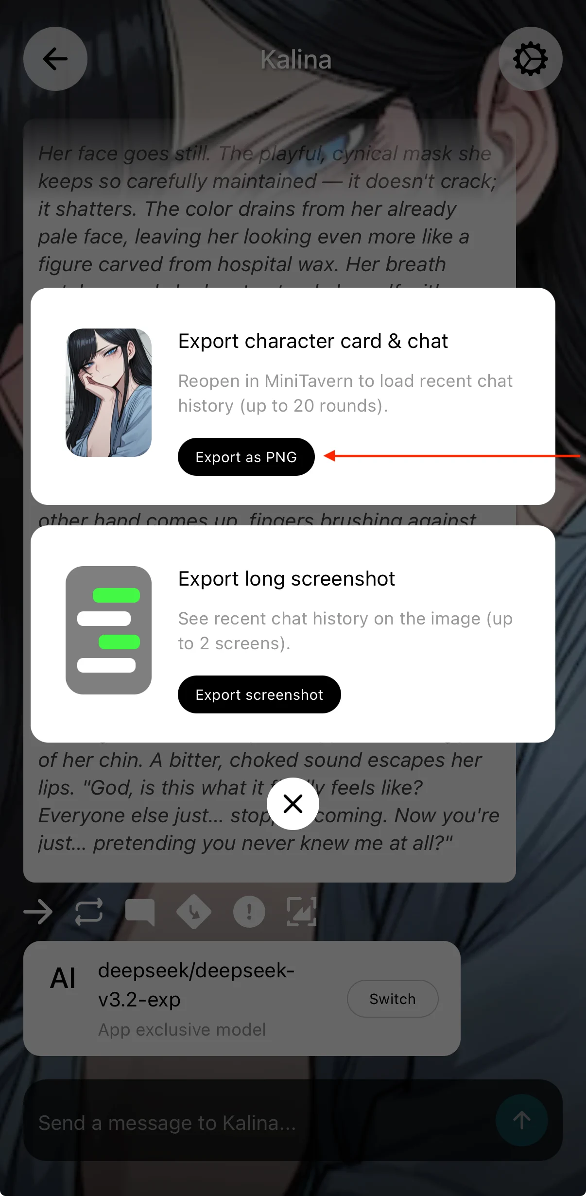 Choose Export character card and chat, then Export as PNG