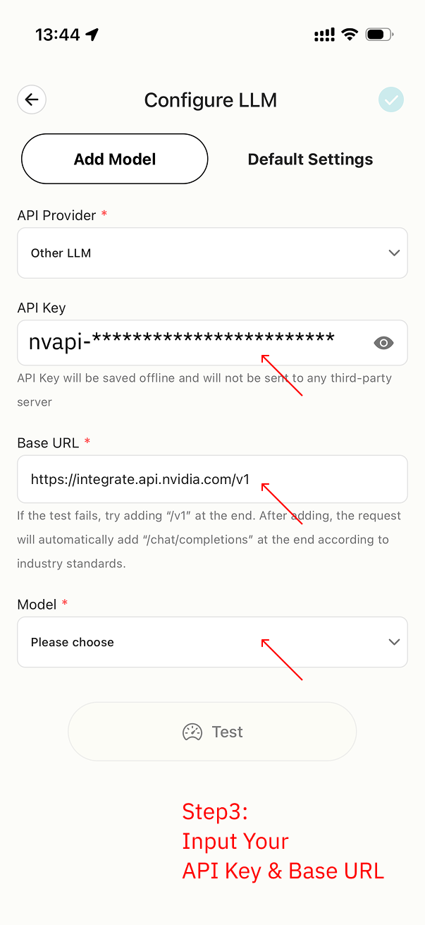 API Key と Base URL を入力